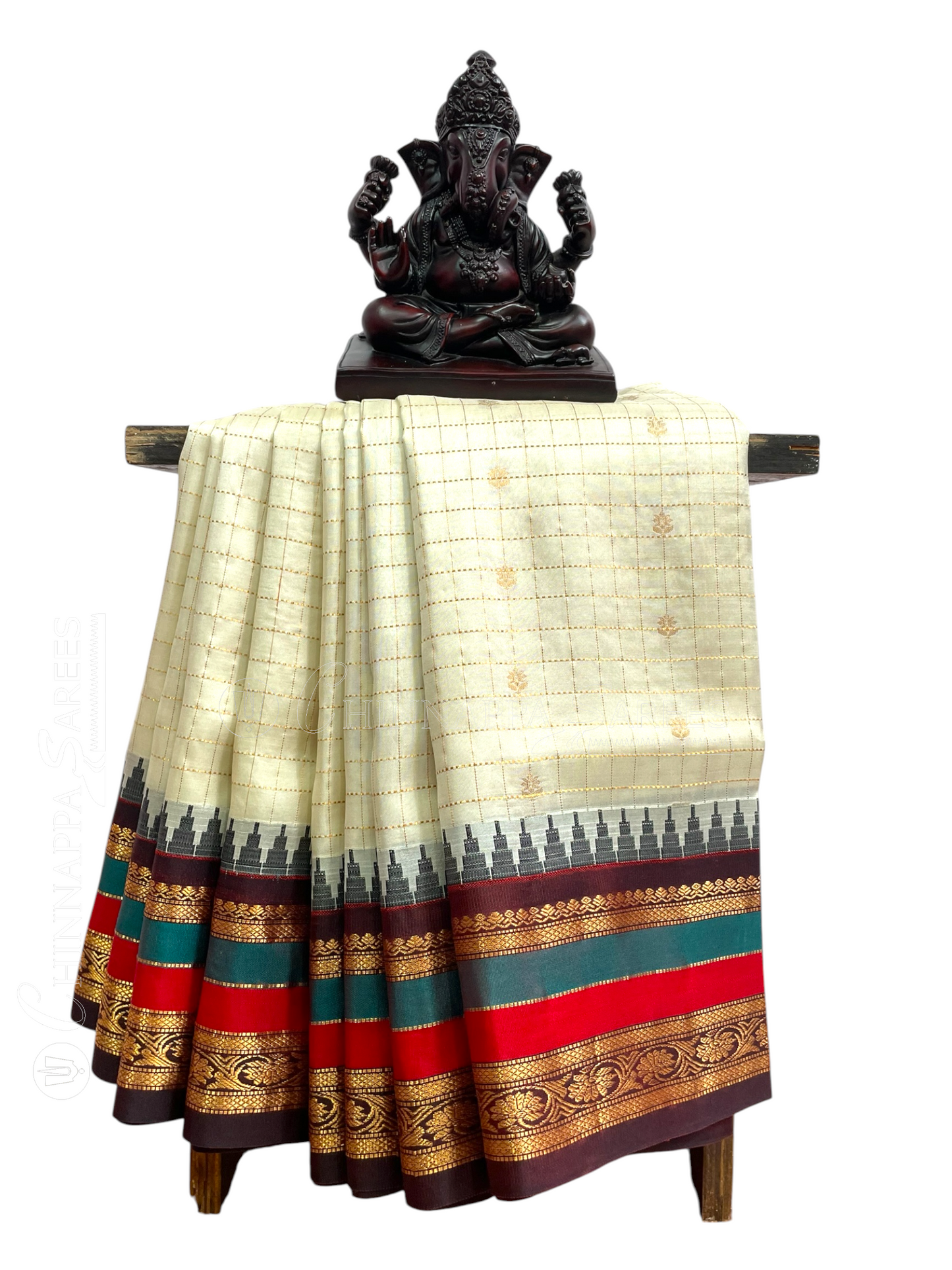 Gap Border Checks White Colour Pure Silk Saree