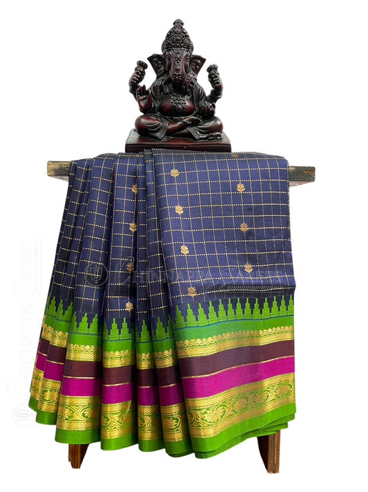 Gap Border Checks Dark Blue Pure Silk Saree