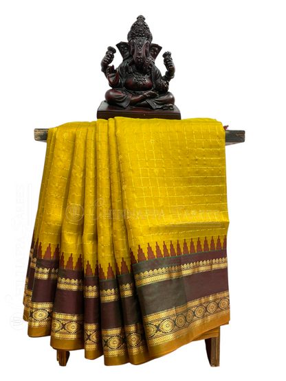 Gadwal Border Checks Lemon Pure Silk Saree