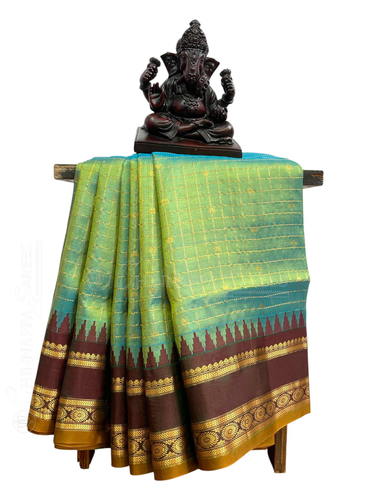 Gap Border Checks Light Sea Green Pure Silk Saree