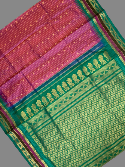 Gap Border Checks Light Magenta Pure Silk Saree
