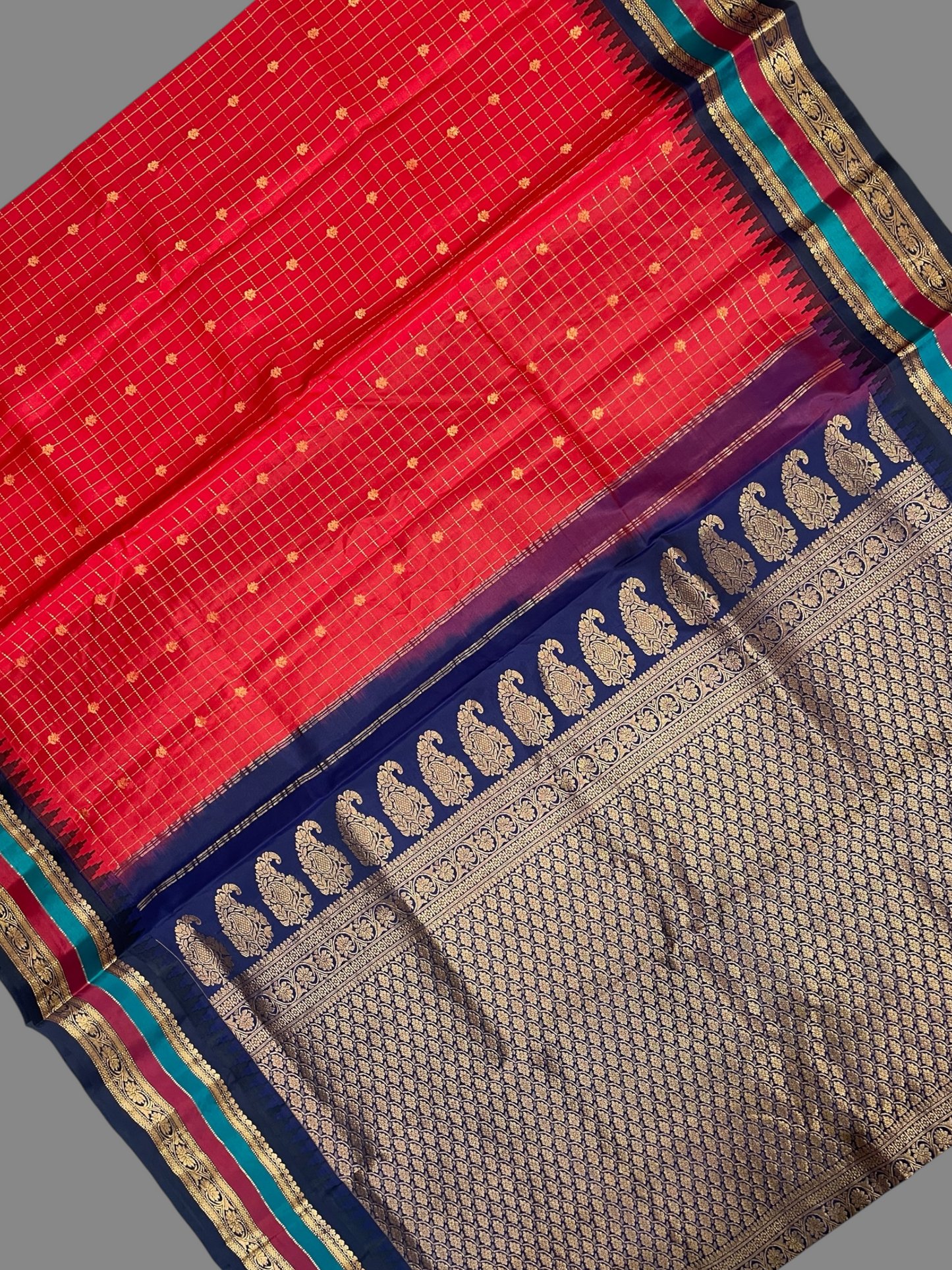 Gadwal Border Checks Red Blue Pure Silk Saree