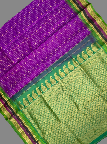 Gap Border Checks Violet Pure Silk Saree