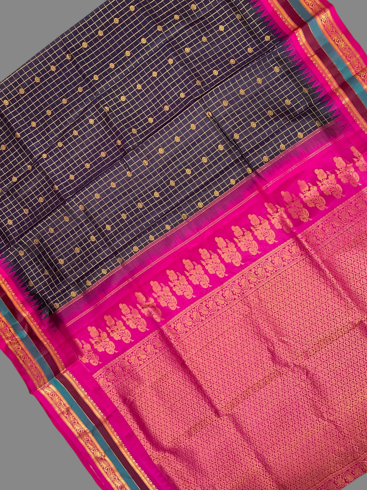 Gap Border Checks Dark Blue Pure Silk Saree