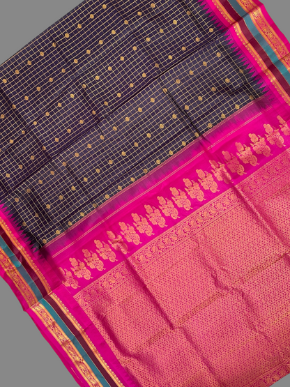 Gap Border Checks Dark Blue Pure Silk Saree