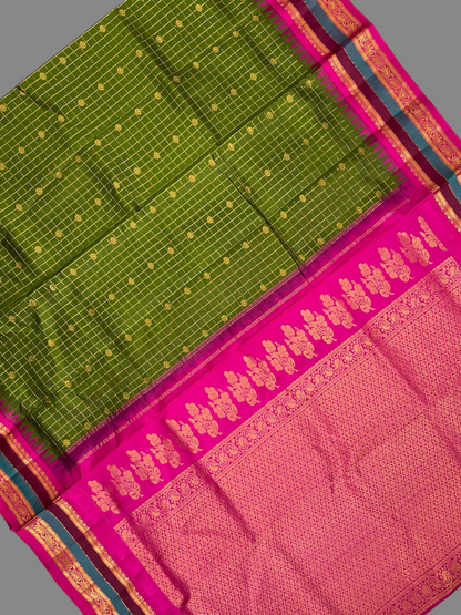 Gap Border Checks Dull Green Pure Silk Saree
