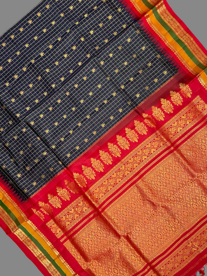 Gap Border Checks Black Pure Silk Saree