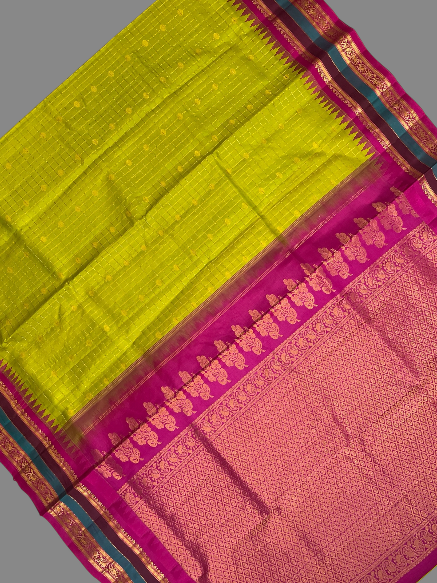 Gap Border Checks Light Lemon Green Pure Silk Saree