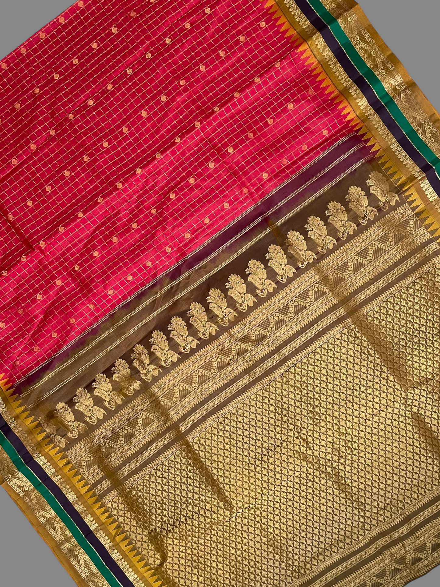 Gap Border Checks Red Orange Pure Silk Saree