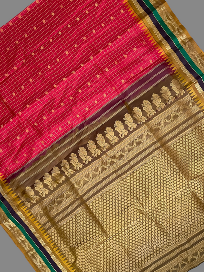Gap Border Checks Red Orange Pure Silk Saree