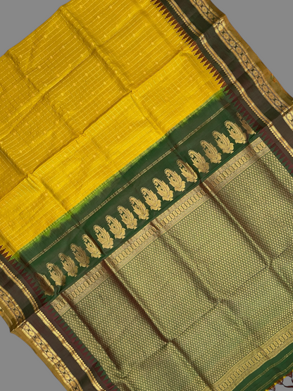Gadwal Border Checks Lemon Pure Silk Saree