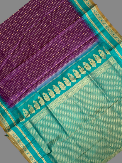 Gap Border Checks Dark Violet Pure Silk Saree