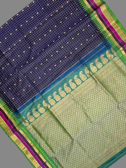 Gap Border Checks Dark Blue Pure Silk Saree