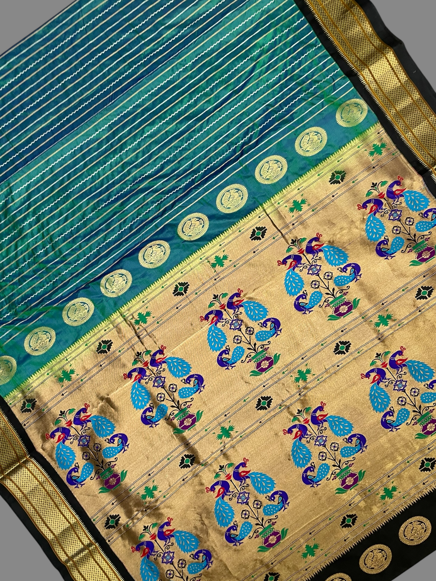 Pure Paithani Blue Green Silk Saree