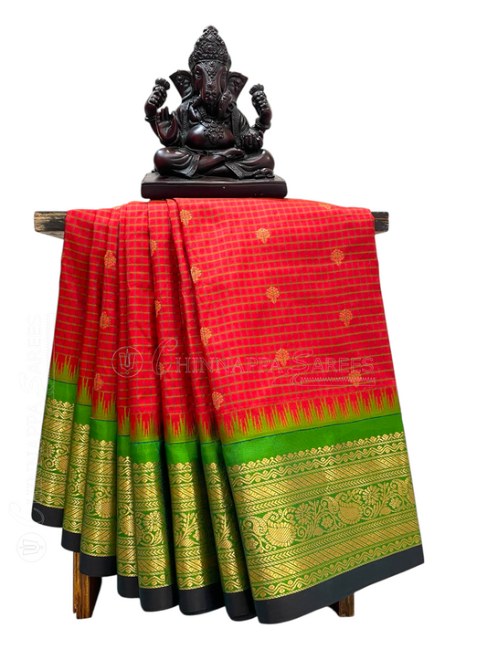 Gadwal Small Checks Butta Red Pure Silk Sarees