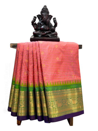Gadwal Small Checks Butta Light Peach Pure Silk Sarees