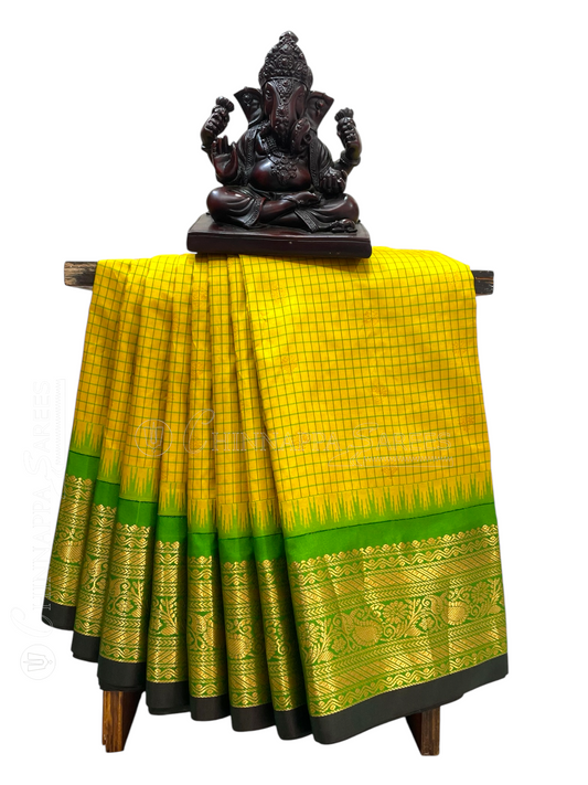 Gadwal Small Checks Butta Yellow Pure Silk Sarees