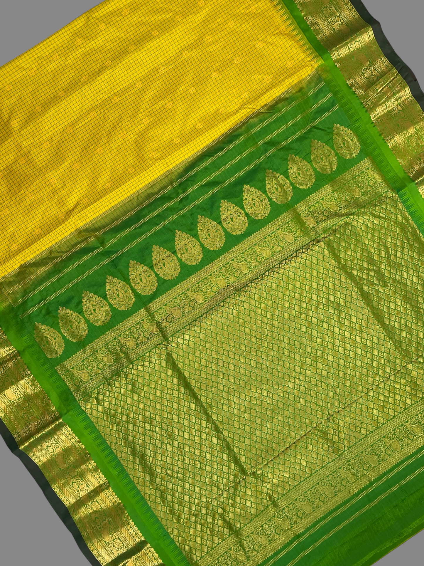 Gadwal Small Checks Butta Yellow Pure Silk Sarees