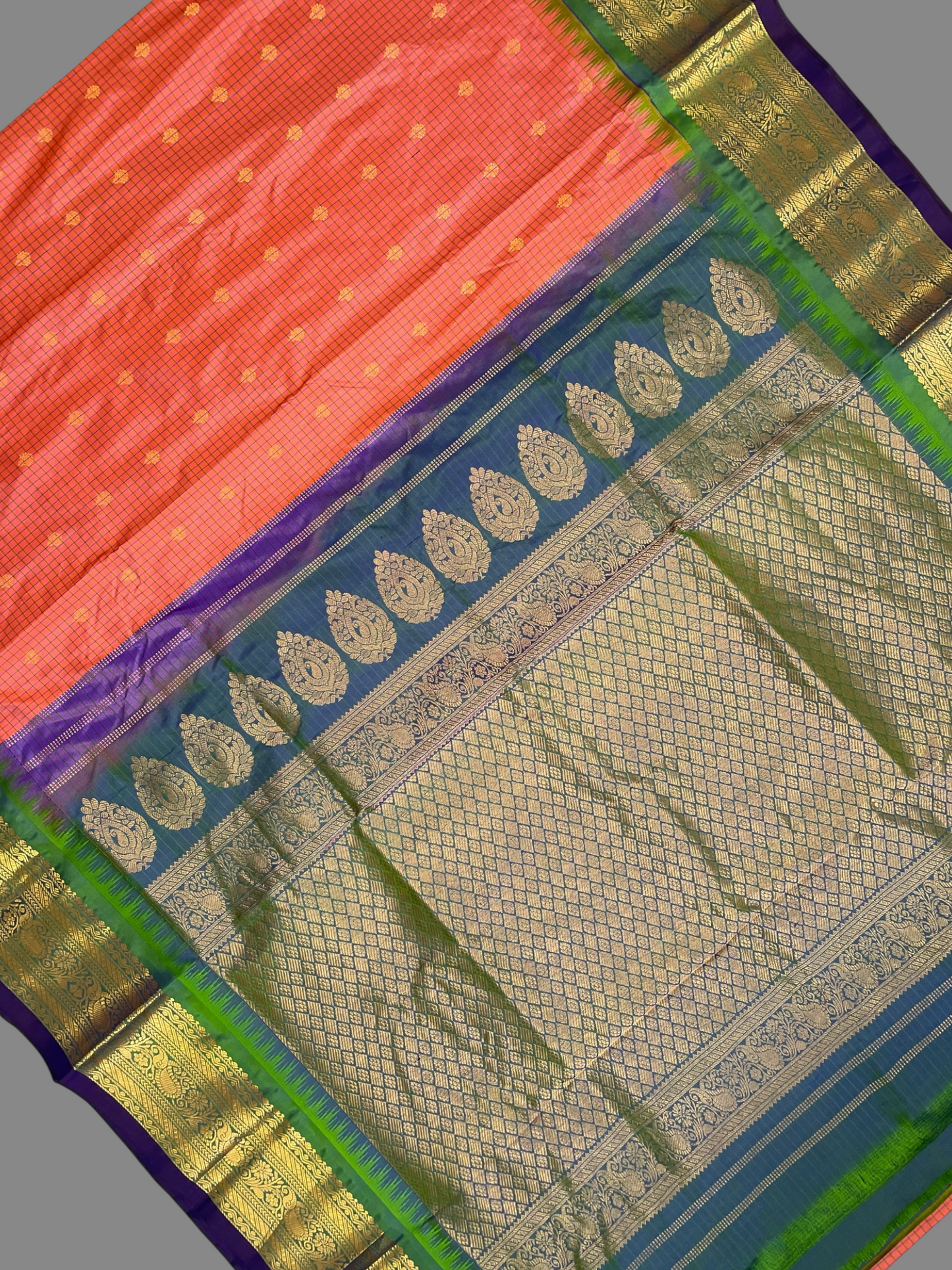 Gadwal Small Checks Butta Light Peach Pure Silk Sarees