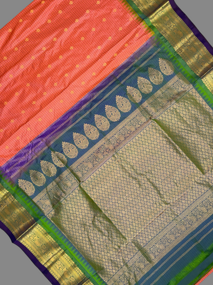 Gadwal Small Checks Butta Light Peach Pure Silk Sarees