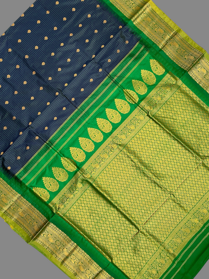 Gadwal Small Checks Butta Dark Blue Pure Silk Sarees