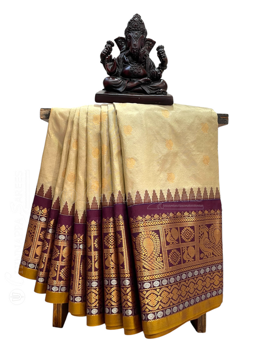 Gadwal Peacock Border Half White Silk Saree