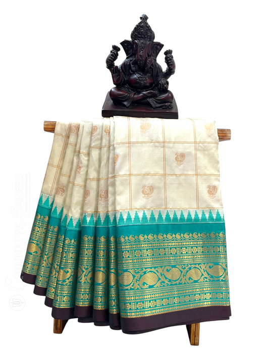 Bridal Big Checks Butta White Pure Silk Sarees
