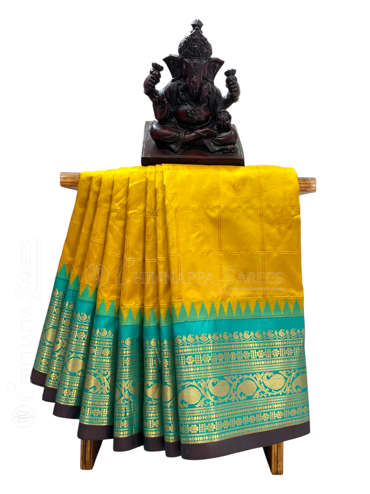 Bridal Big Checks Butta Yellow  Pure Silk Sarees