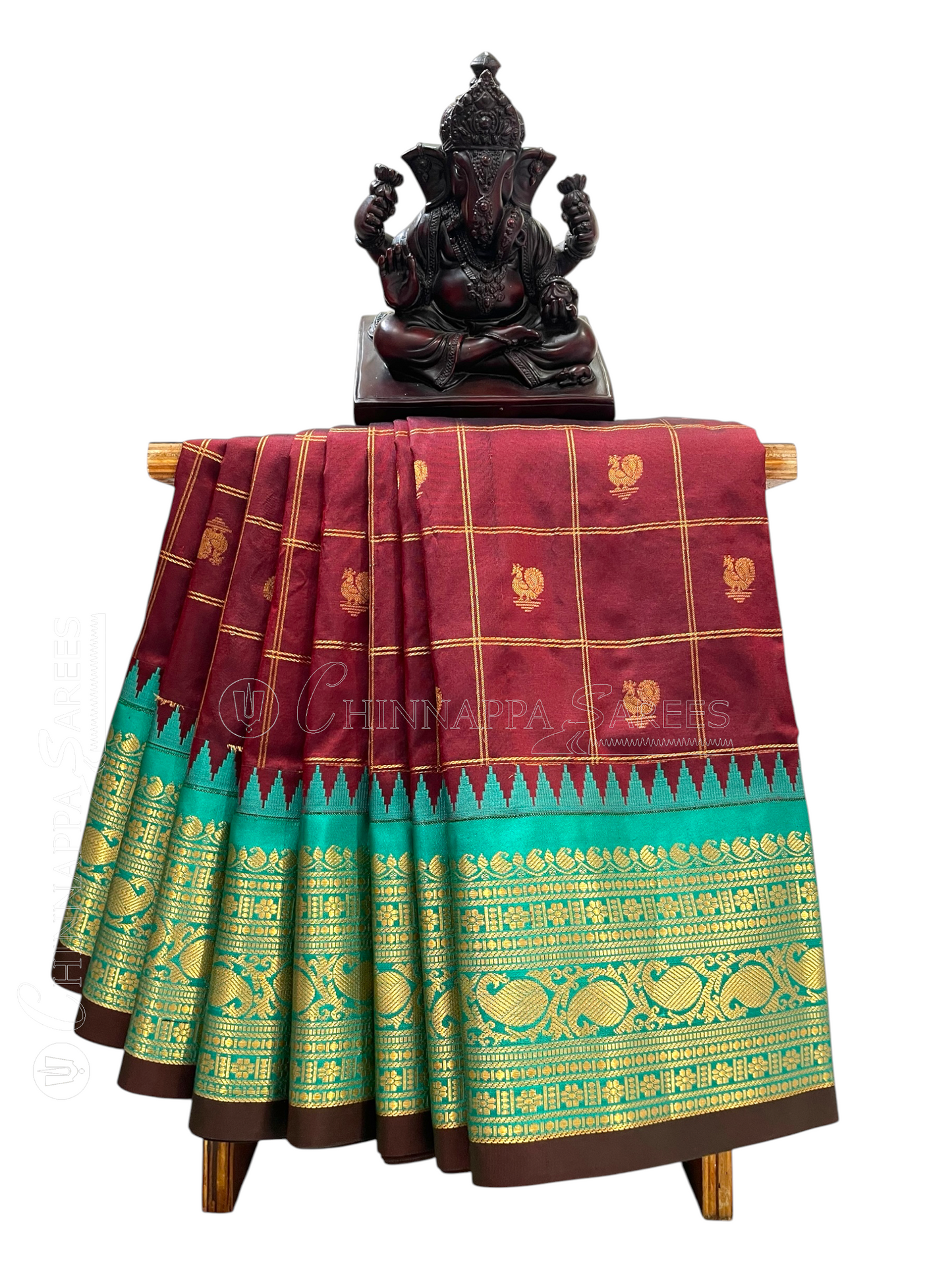 Bridal Big Checks Butta Dark Brown Pure Silk Sarees
