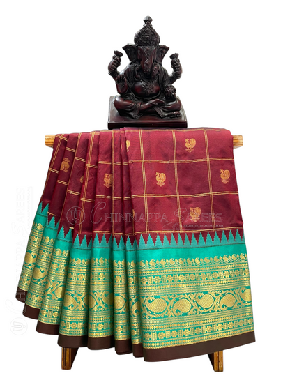 Bridal Big Checks Butta Dark Brown Pure Silk Sarees