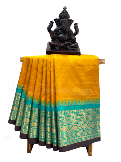 Bridal Big Checks Butta Mustard Pure Silk Sarees