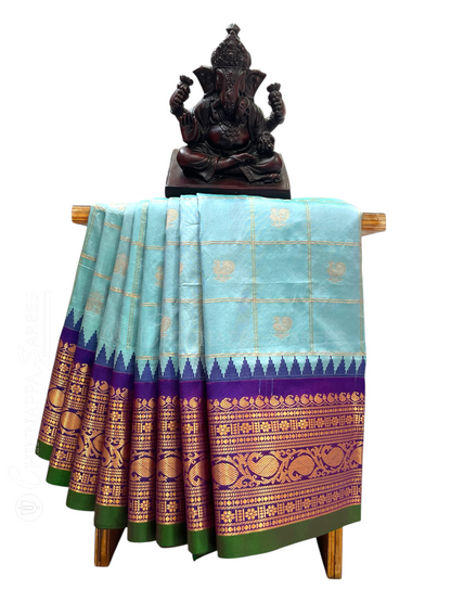 Bridal Big Checks Butta Light Blue Pure Silk Sarees