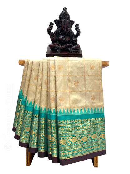 Bridal Big Checks Butta Half White Pure Silk Sarees