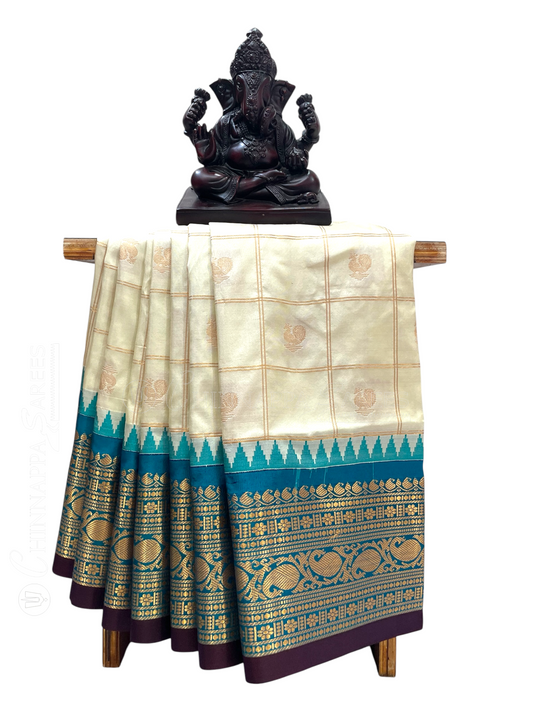 Bridal Big Checks Butta Half White Pure Silk Sarees