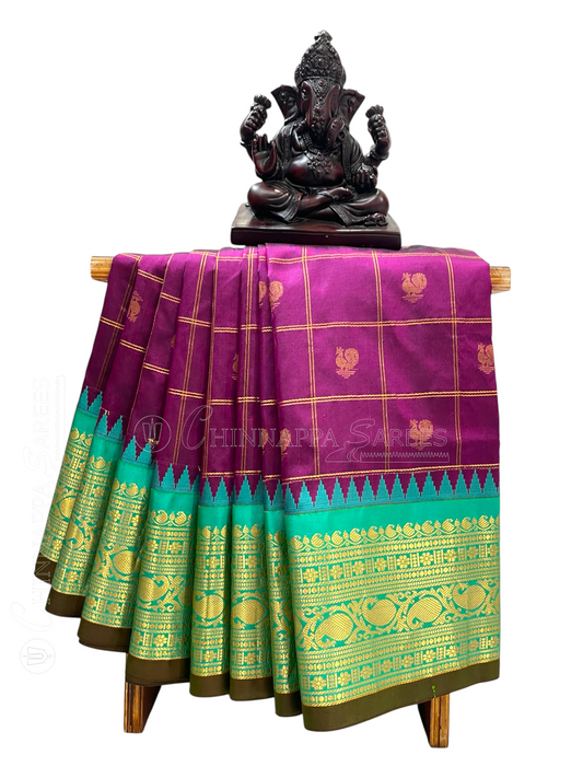 Bridal Big Checks Butta Magenta Pure Silk Sarees