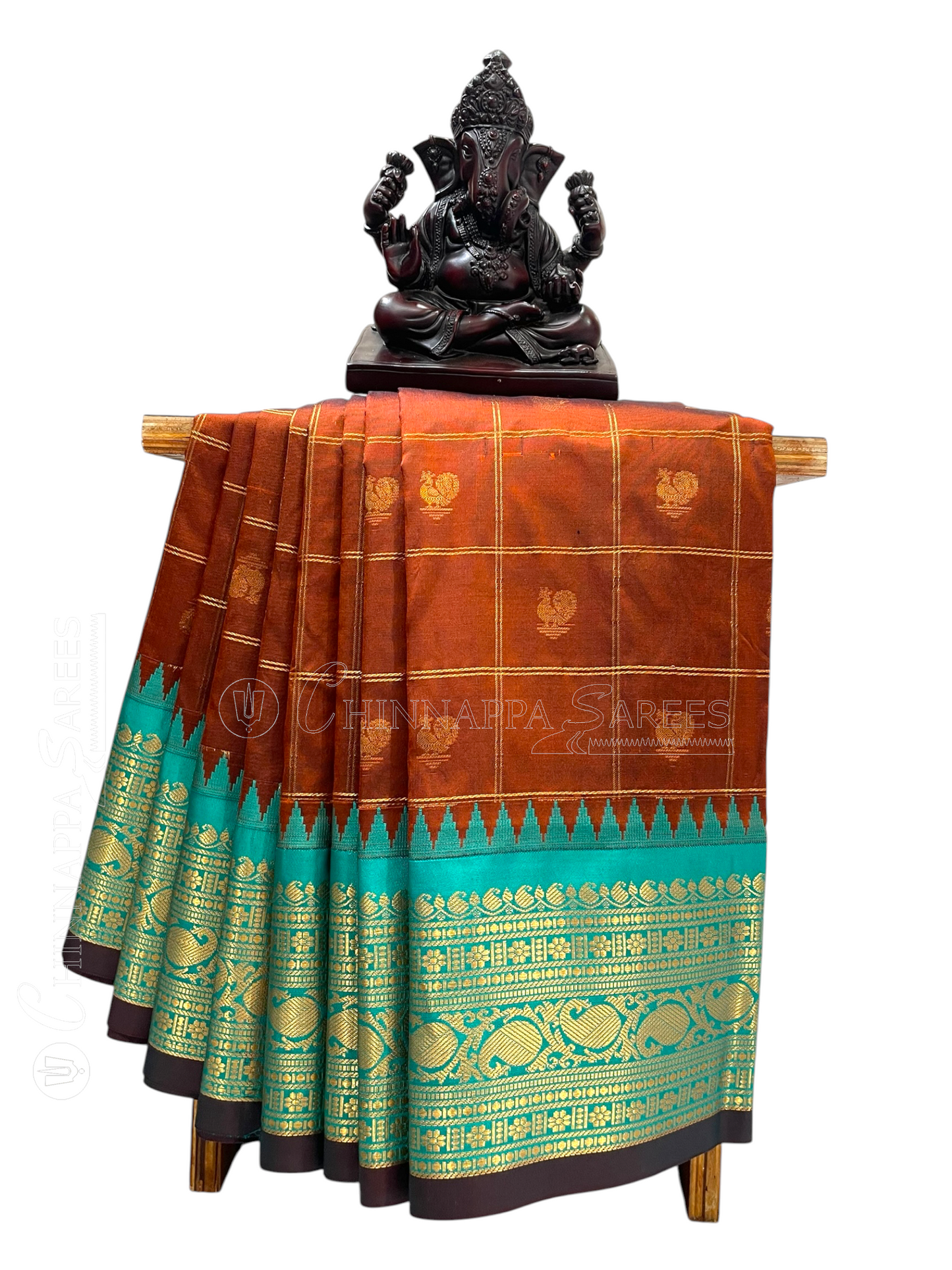 Bridal Big Checks Butta Brown Pure Silk Sarees