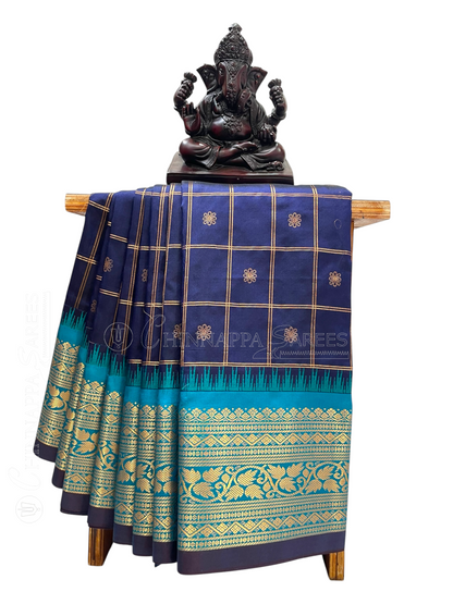 Bridal Big Checks Butta Navy Blue Pure Silk Sarees
