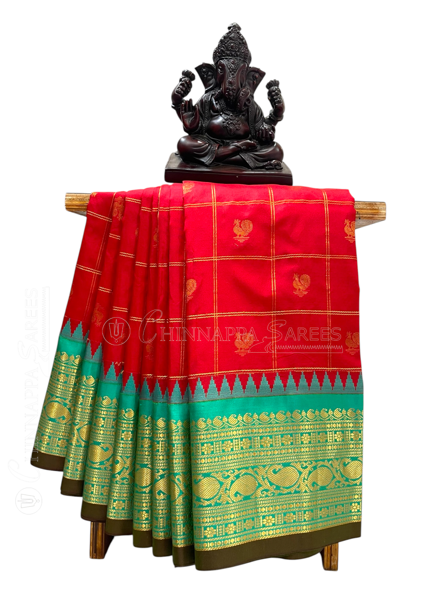 Bridal Big Checks Butta Red Pure Silk Sarees