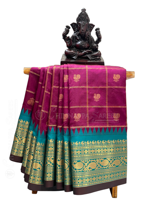 Bridal Big Checks Butta Deep Magenta Pure Silk Sarees