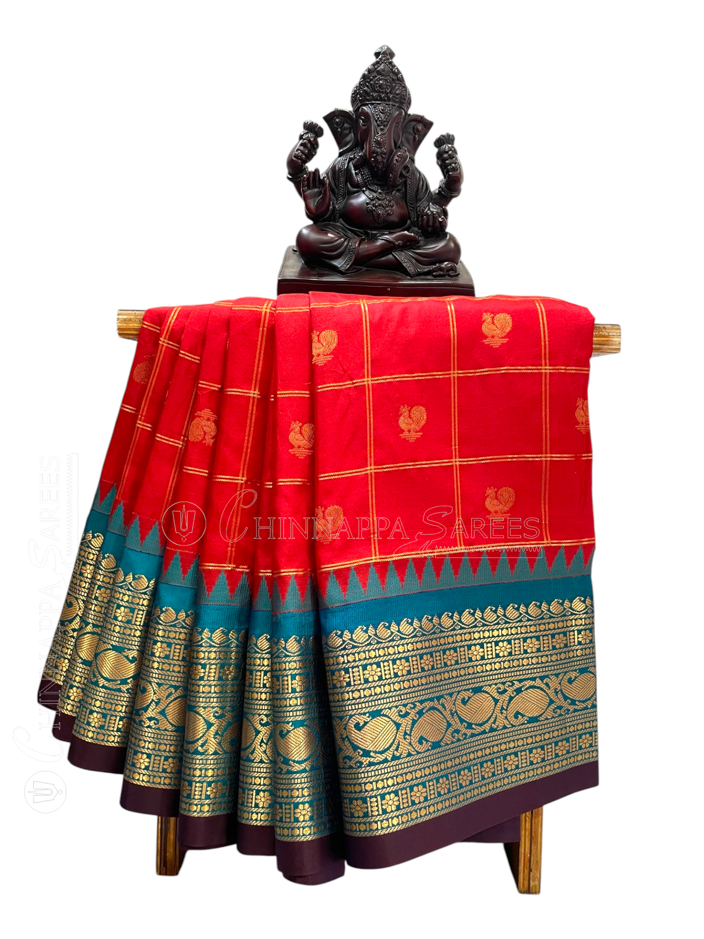 Bridal Big Checks Butta Red Pure Silk Sarees