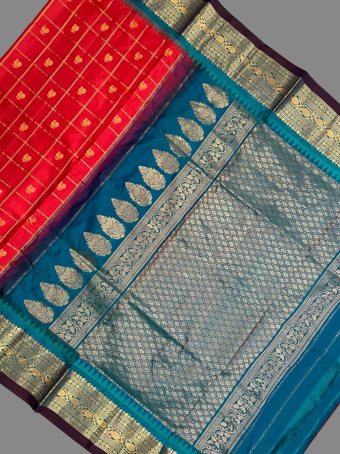 Bridal Big Checks Butta Red Pure Silk Sarees