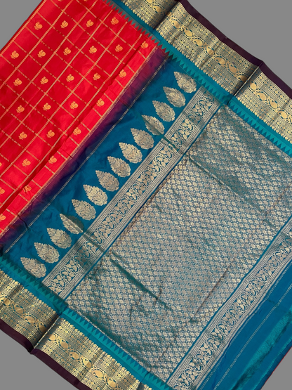 Bridal Big Checks Butta Red Pure Silk Sarees