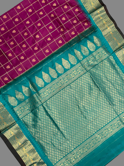 Bridal Big Checks Butta Deep Magenta Pure Silk Sarees