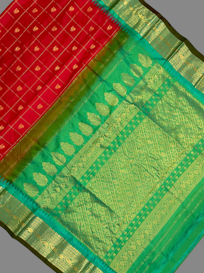 Bridal Big Checks Butta Red Pure Silk Sarees