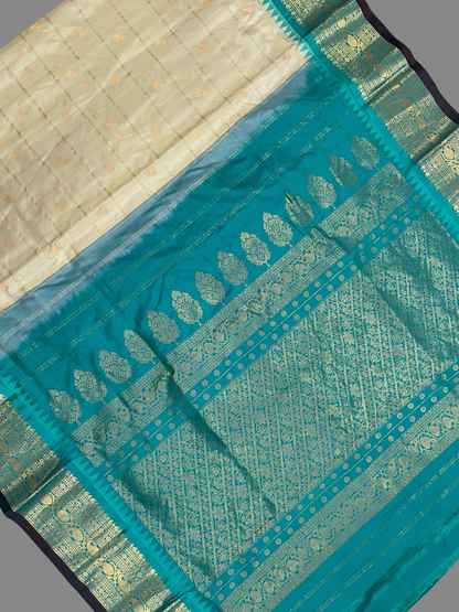 Bridal Big Checks Butta Half White Pure Silk Sarees