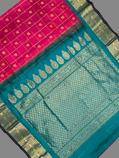 Bridal Big Checks Butta Pink Pure Silk Sarees