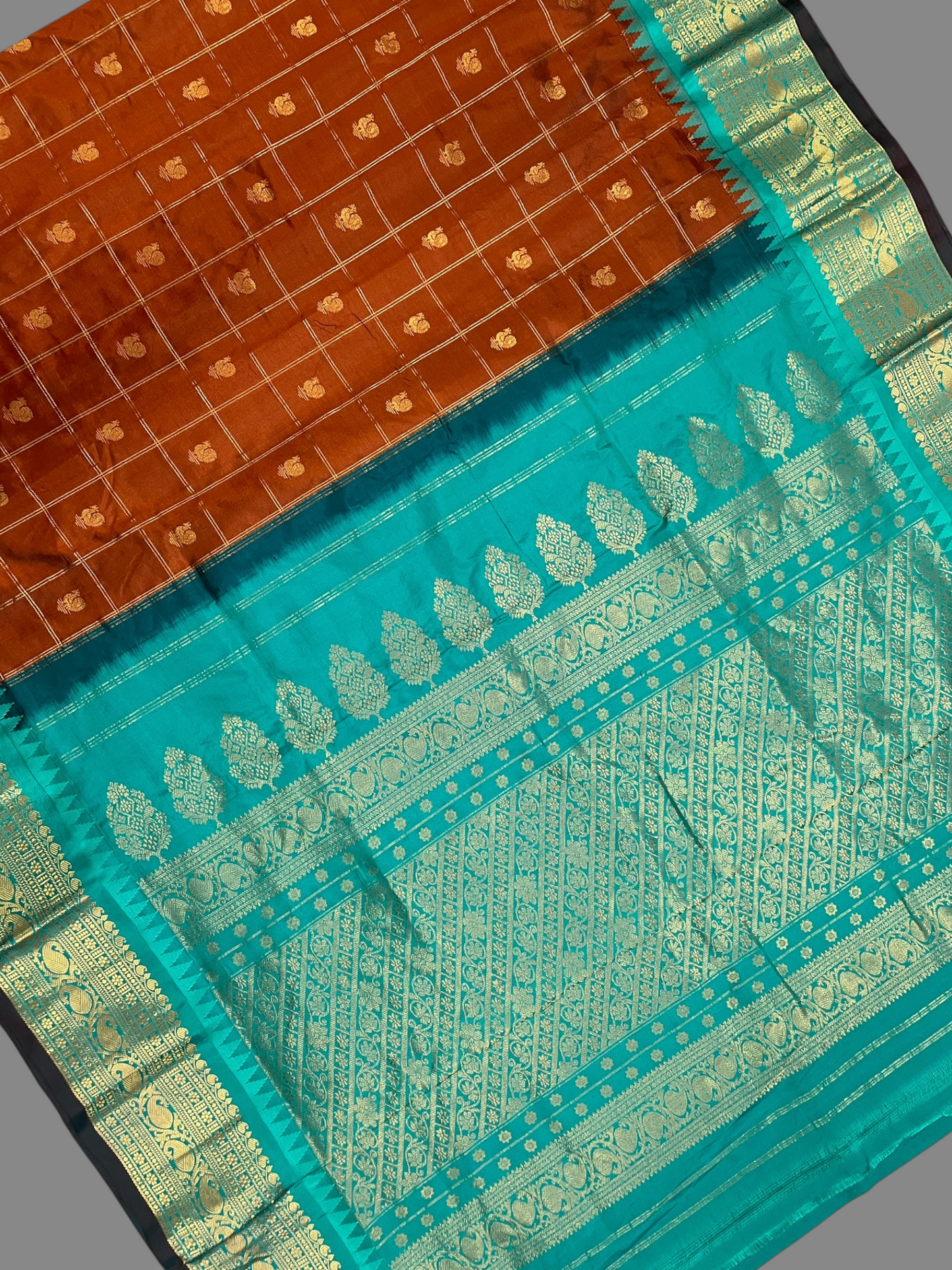 Bridal Big Checks Butta Brown Pure Silk Sarees