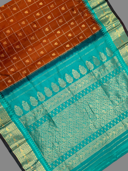 Bridal Big Checks Butta Brown Pure Silk Sarees