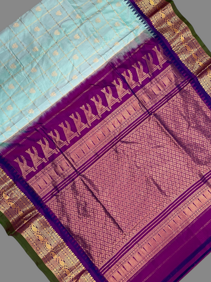 Bridal Big Checks Butta Light Blue Pure Silk Sarees