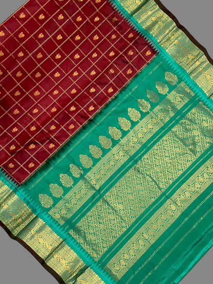 Bridal Big Checks Butta Dark Brown Pure Silk Sarees